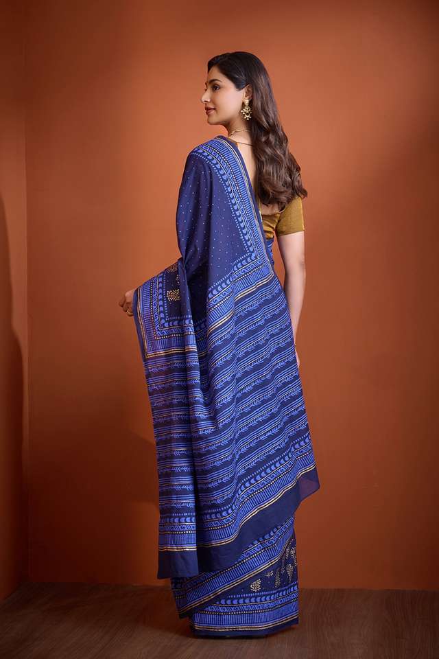 Dark Blue Pure Cotton Mulmul Bengal Block Printed Saree thumbnail image number null