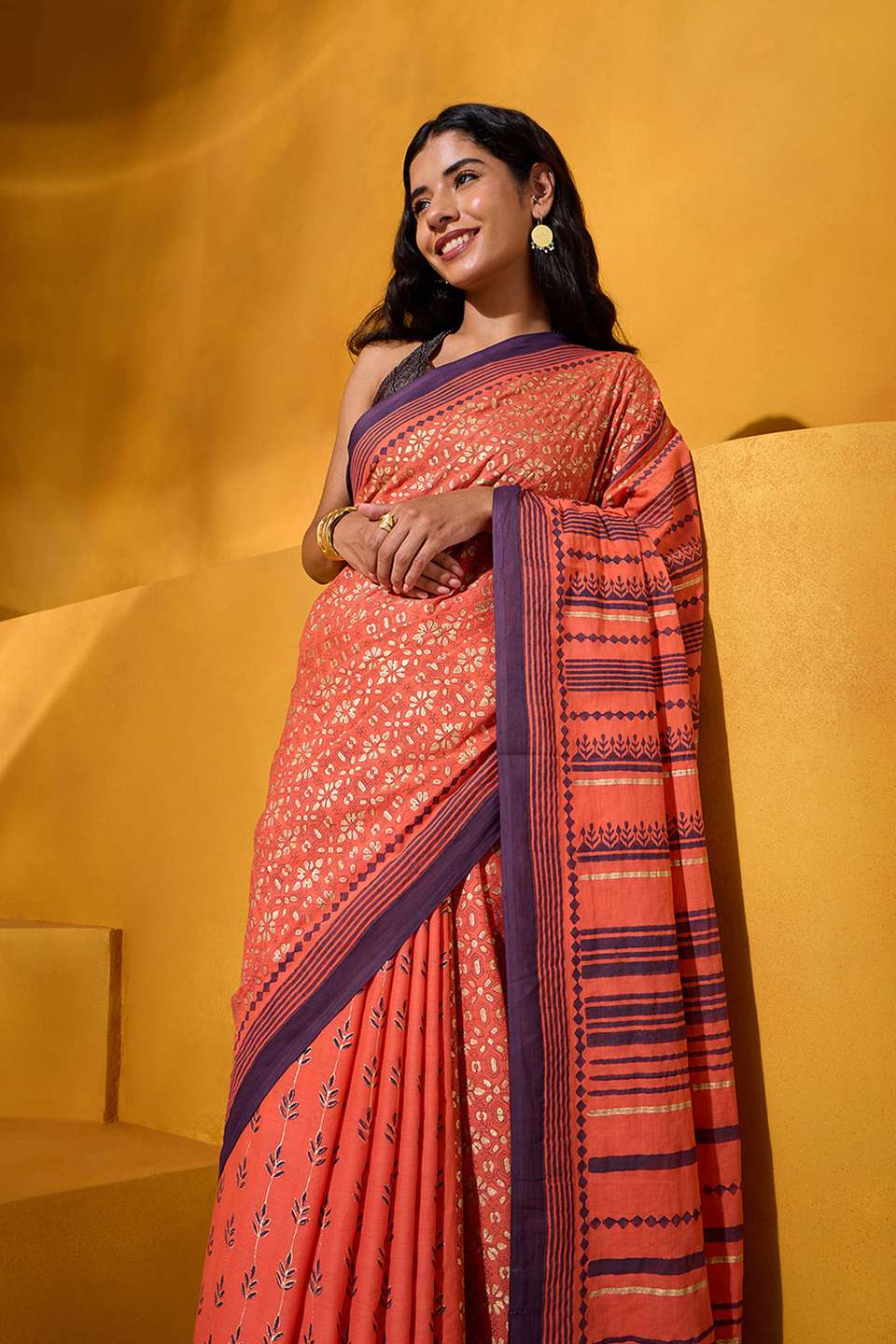 Orange Pure Cotton Mulmul Block Printed Bengal Saree