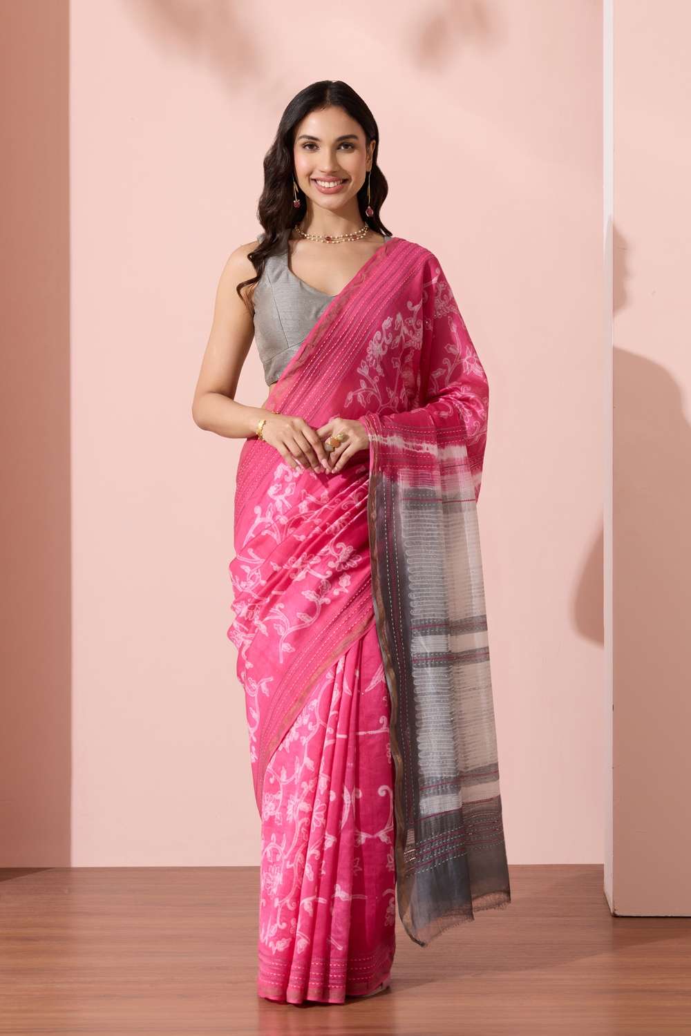 Pink Rajasthan Pure Silk Cotton Shibori Saree image number null