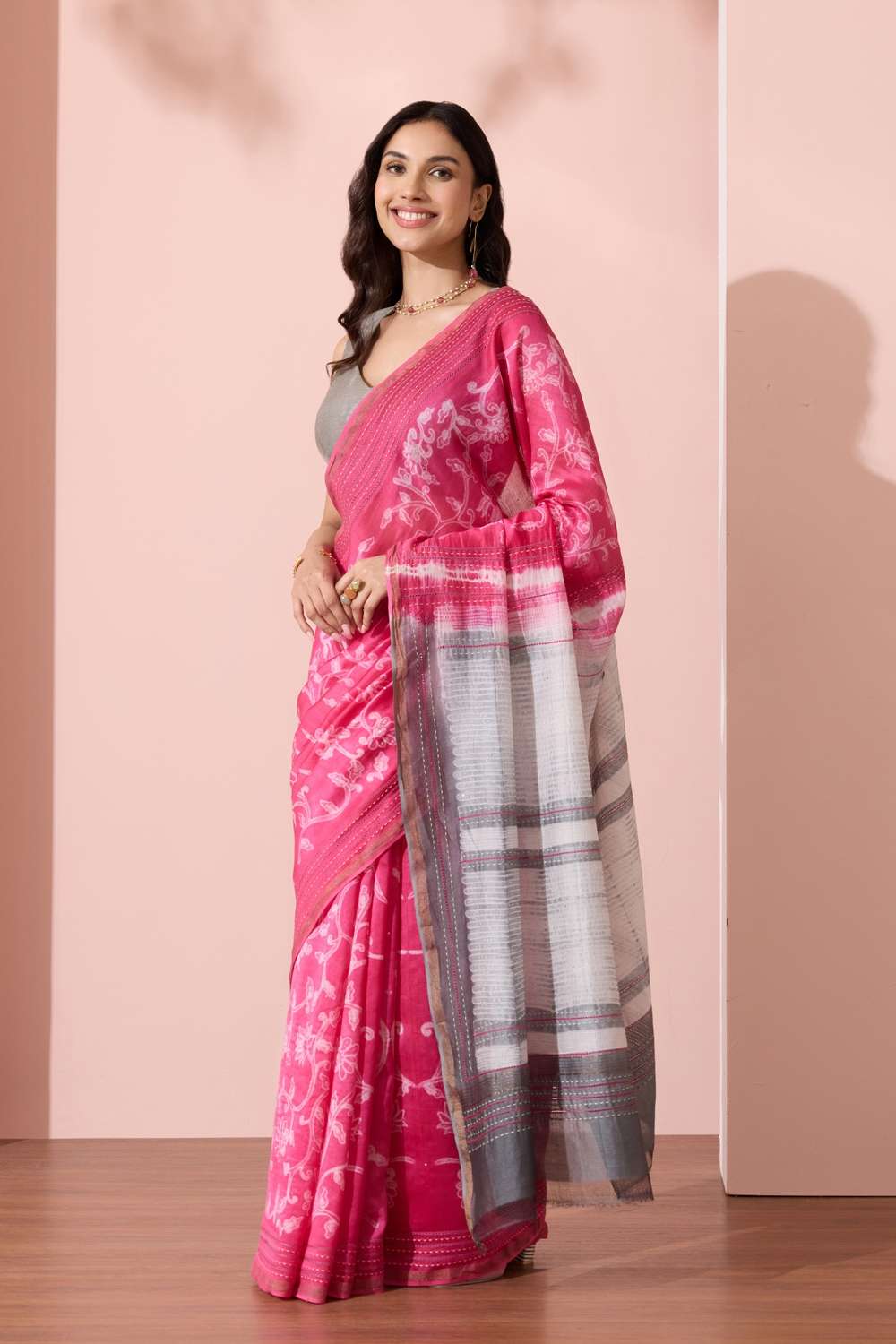 Pink Rajasthan Pure Silk Cotton Shibori Saree image number null