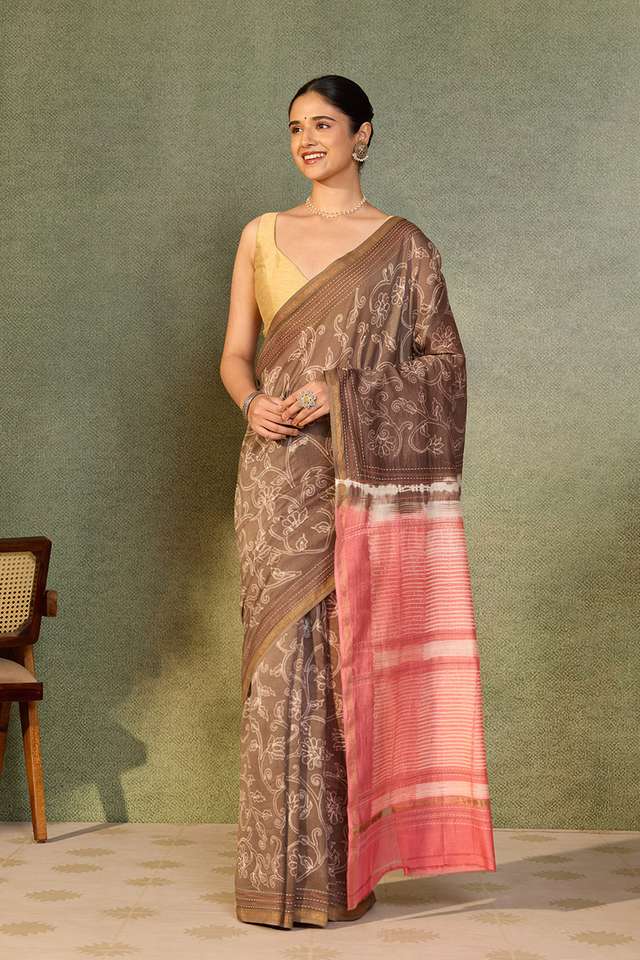 Brown Rajasthan Pure Silk Cotton Embroidered Saree image number