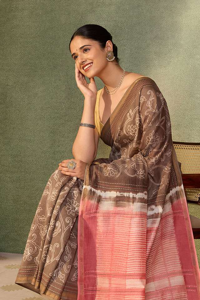 Brown Rajasthan Pure Silk Cotton Embroidered Saree thumbnail image number null
