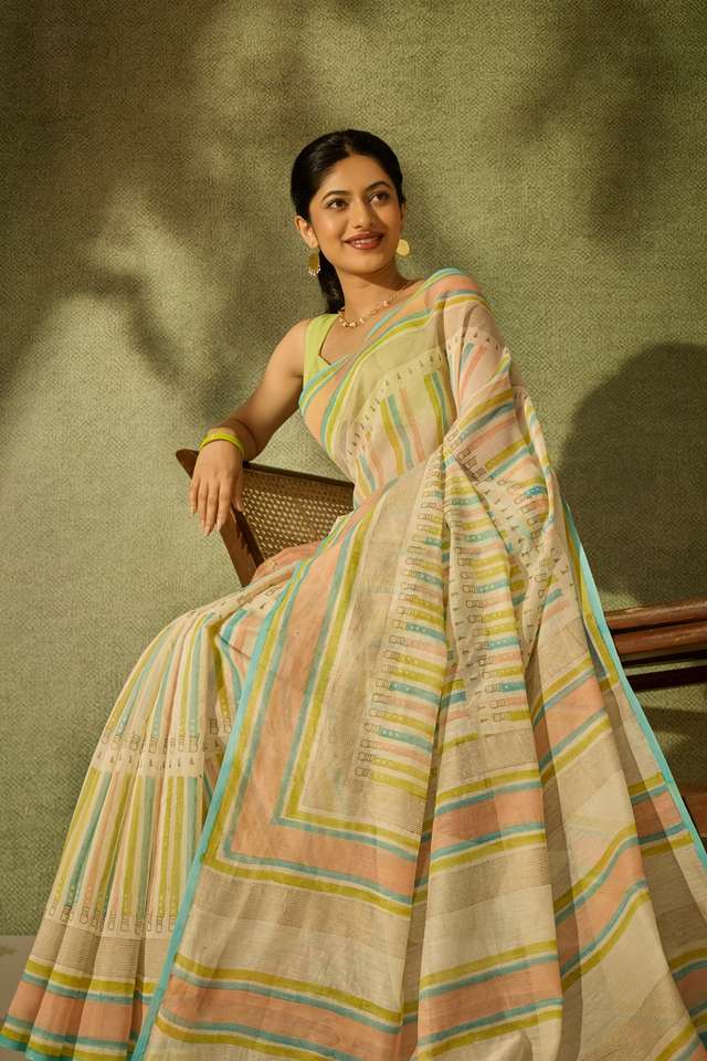 Off White Rajasthan Pure Silk Cotton Printed Sanganeri Saree image number