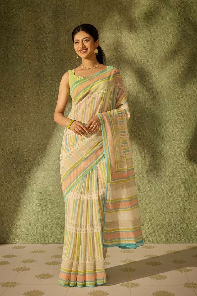 Off White Rajasthan Pure Silk Cotton Printed Sanganeri Saree thumbnail image number null