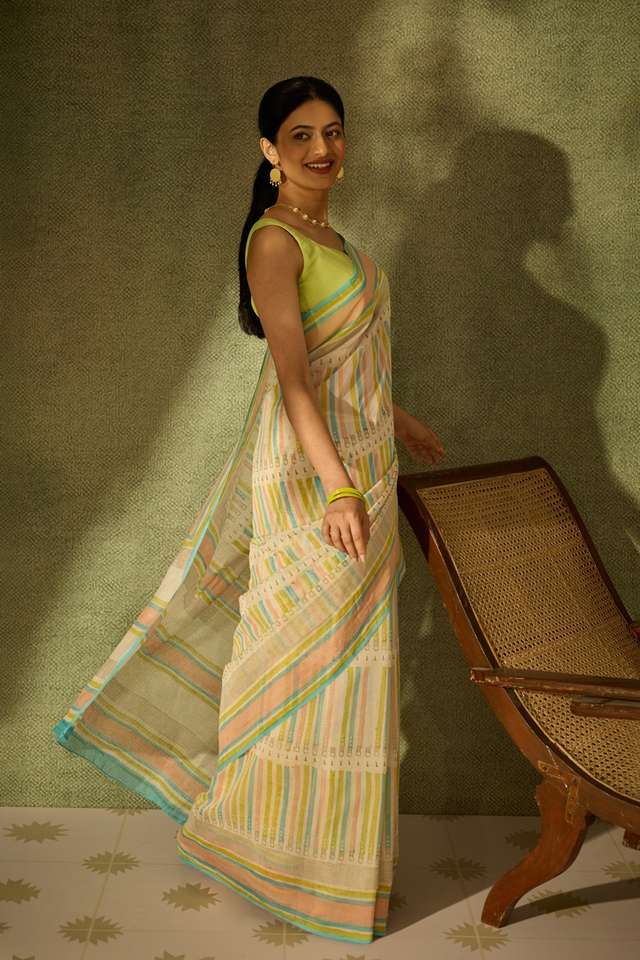 Off White Rajasthan Pure Silk Cotton Printed Sanganeri Saree thumbnail image number null