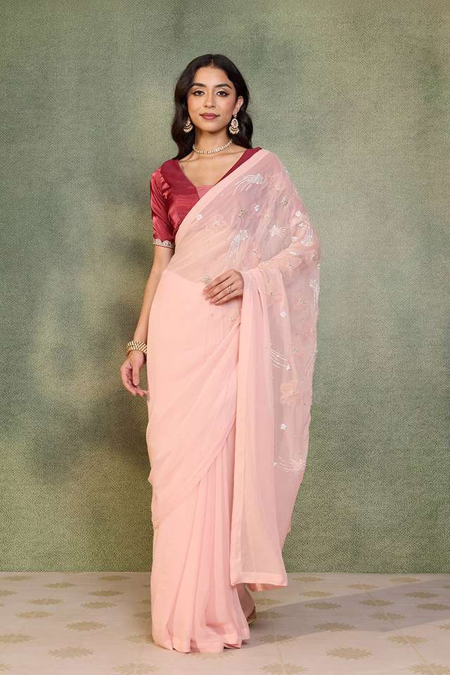 Light Pink Viscose Georgette Embroidered Saree thumbnail image number null