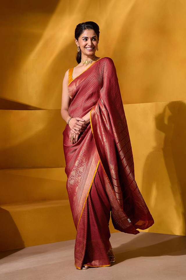 Dark Red Woven Pure Silk Crepe Saree thumbnail image number null