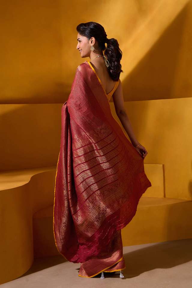Dark Red Woven Pure Silk Crepe Saree thumbnail image number null