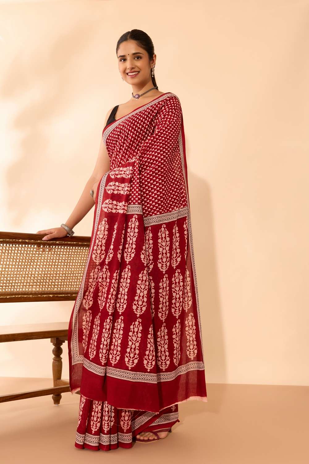 Red Bagh Block Printed Pure Cotton Saree image number null