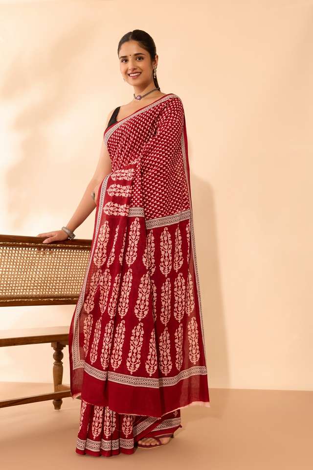 Red Bagh Block Printed Pure Cotton Saree image number