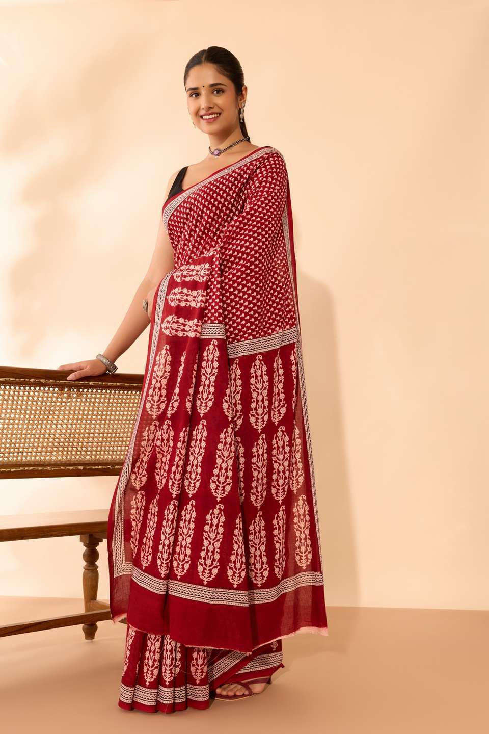 Red Bagh Block Printed Pure Cotton Saree