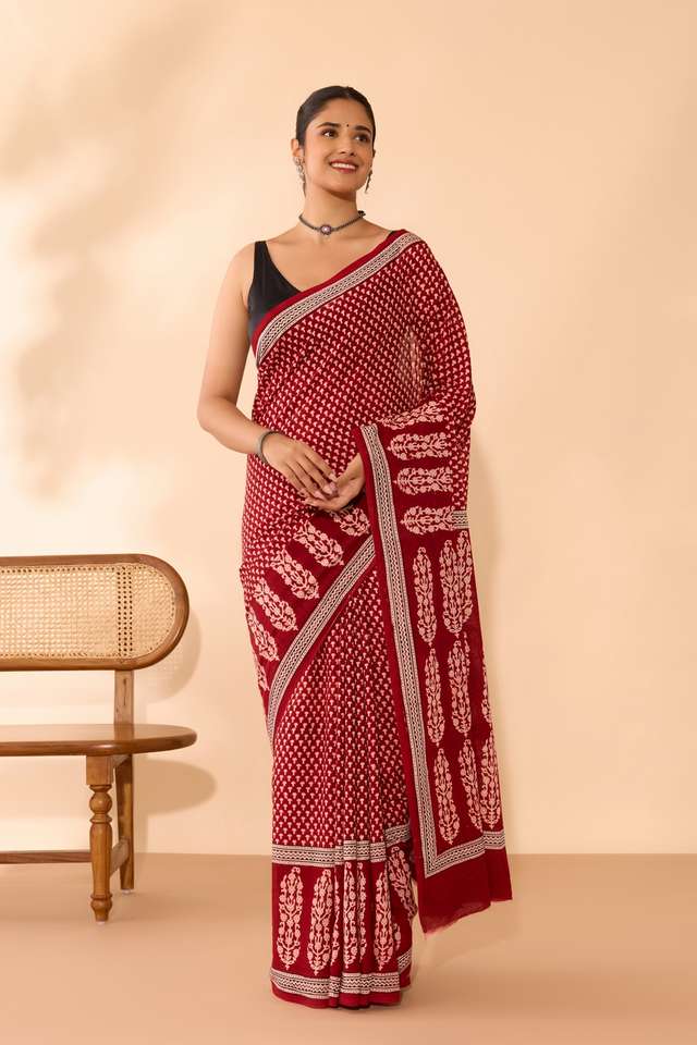 Red Bagh Block Printed Pure Cotton Saree thumbnail image number null