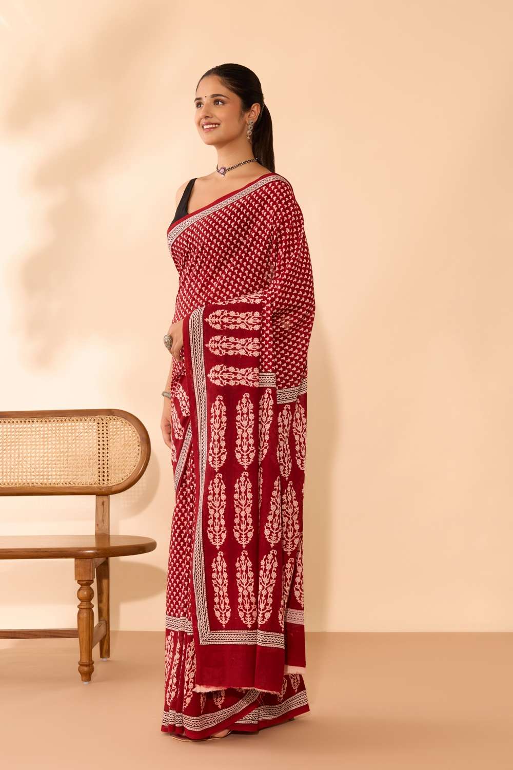 Red Bagh Block Printed Pure Cotton Saree image number null