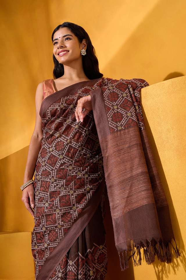 Brown Silk Modal Embroidered Saree image number