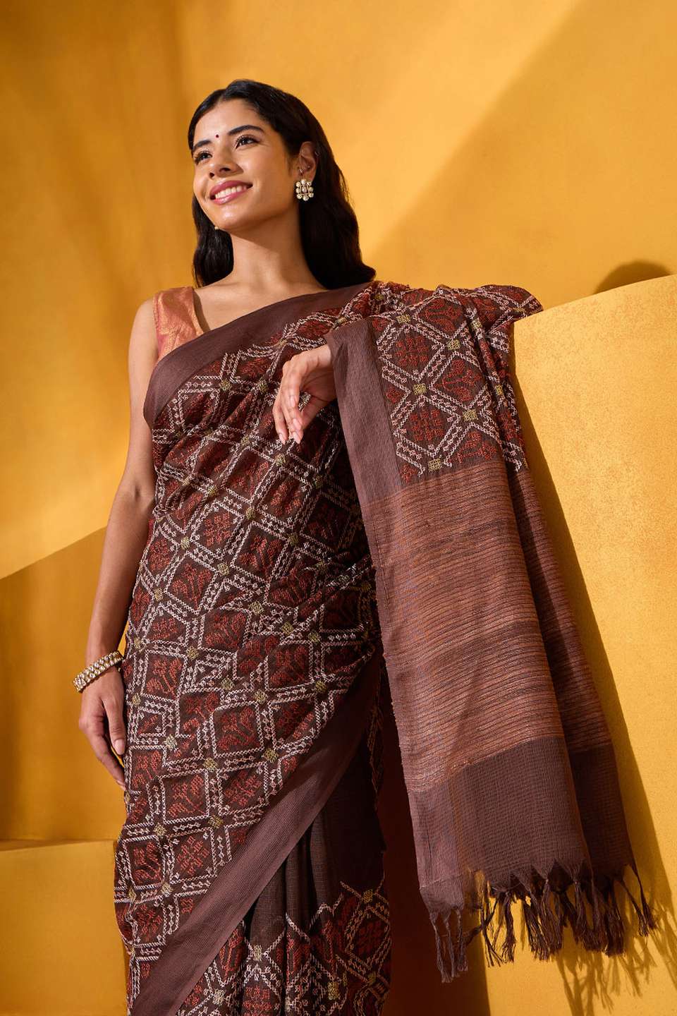 Brown Silk Modal Embroidered Saree