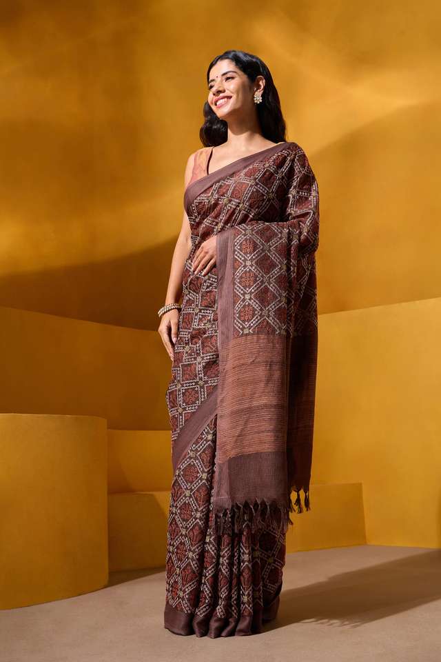 Brown Silk Modal Embroidered Saree thumbnail image number null