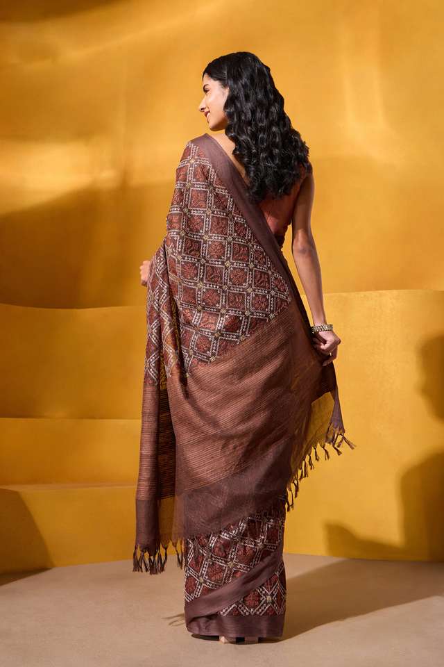 Brown Silk Modal Embroidered Saree thumbnail image number null