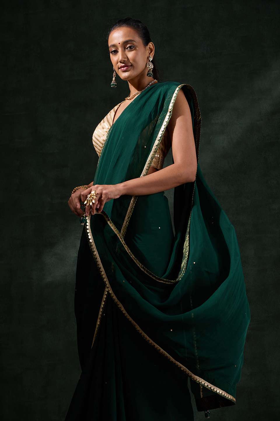 Dark Green Viscose Organza Embroidery Saree