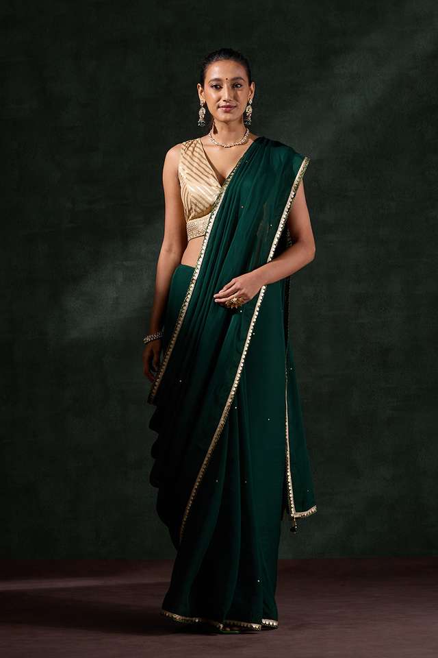 Dark Green Viscose Organza Embroidery Saree thumbnail image number null