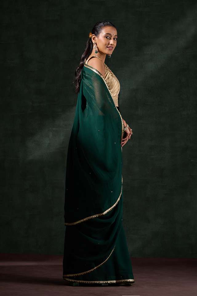 Dark Green Viscose Organza Embroidery Saree thumbnail image number null