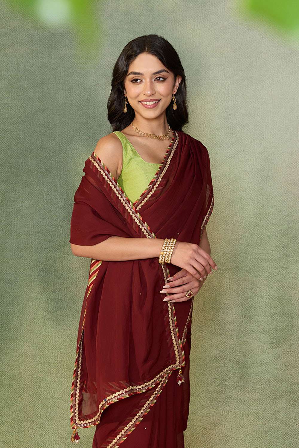 Dark Red Embroidered Viscose Organza Saree image number null