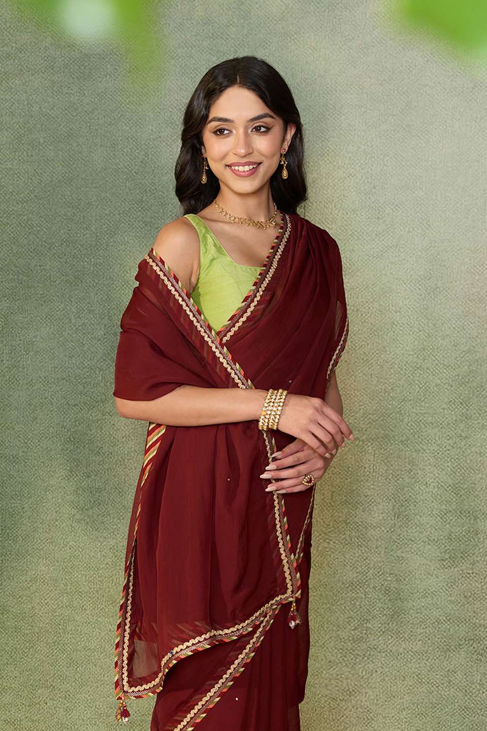 Dark Red Embroidered Viscose Organza Saree