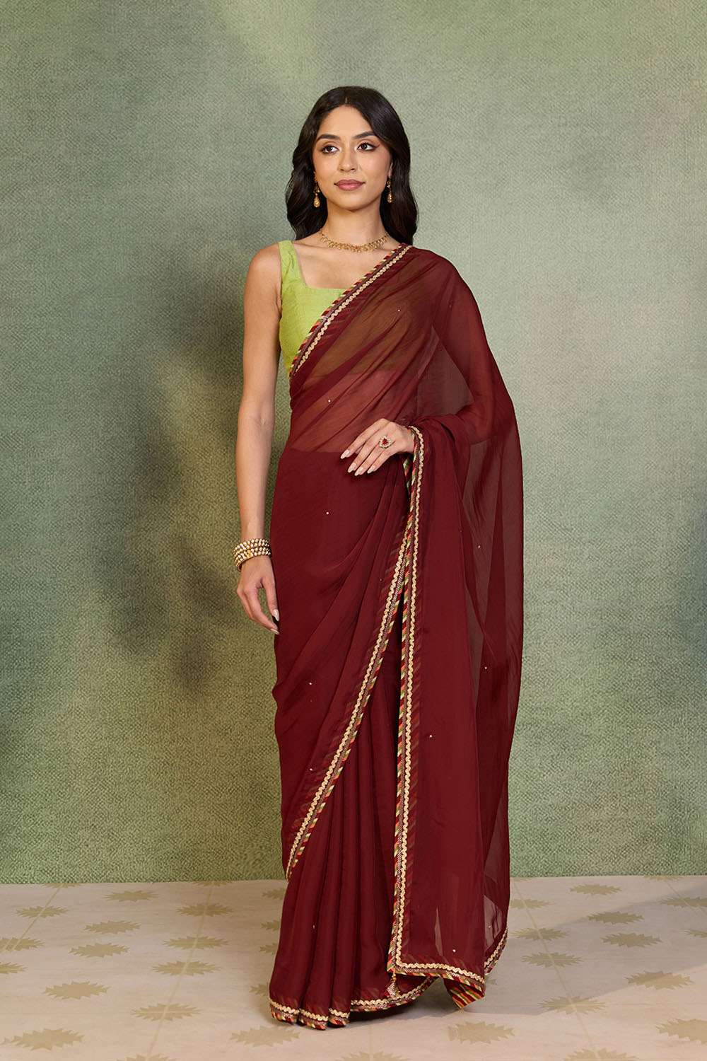 Dark Red Embroidered Viscose Organza Saree image number null