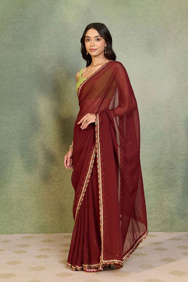 Dark Red Embroidered Viscose Organza Saree thumbnail image number null