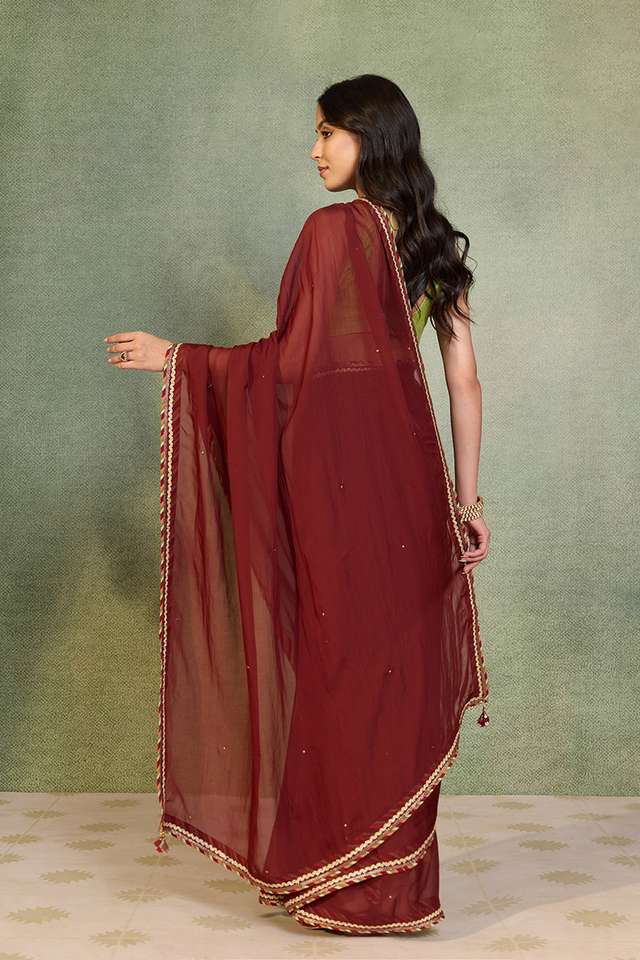 Dark Red Embroidered Viscose Organza Saree thumbnail image number null