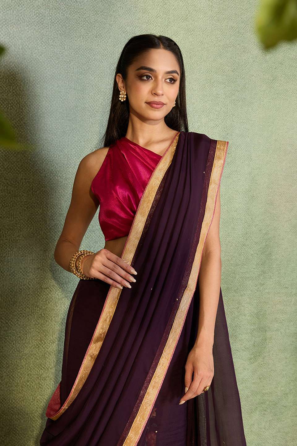 Purple Embroidered Viscose Organza Saree