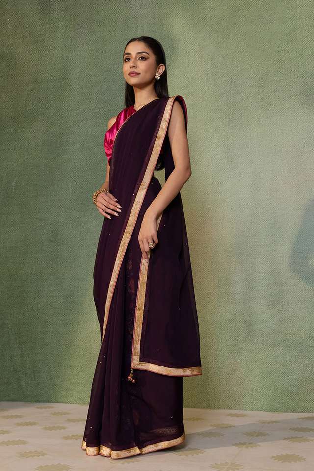 Purple Embroidered Viscose Organza Saree thumbnail image number null