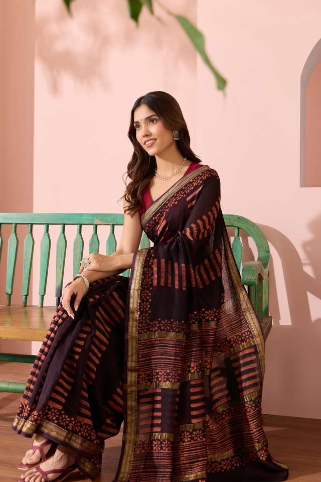 Black Ujjain Pure Silk Cotton Batik Saree image number