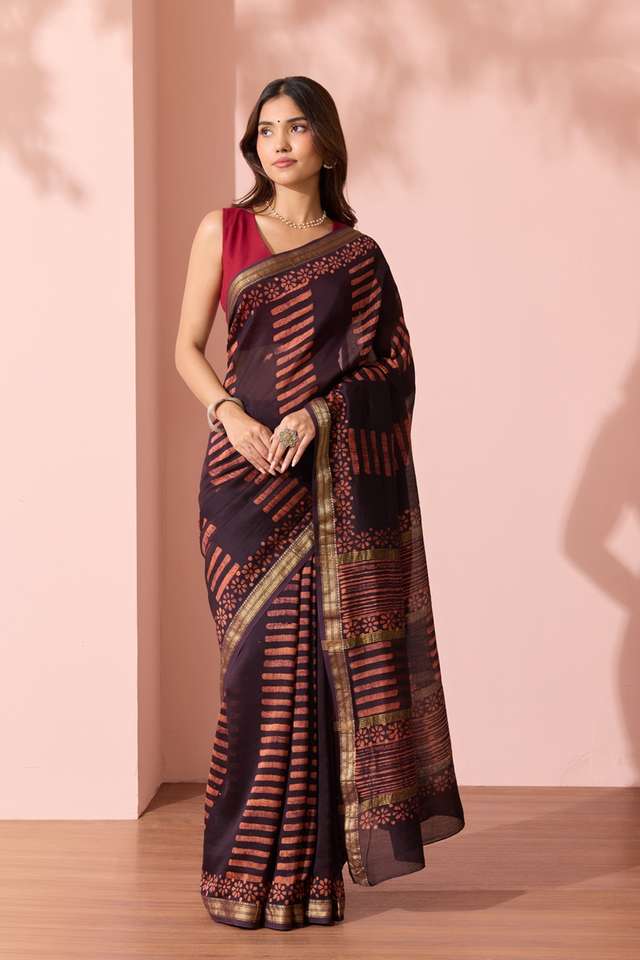 Black Ujjain Pure Silk Cotton Batik Saree thumbnail image number null
