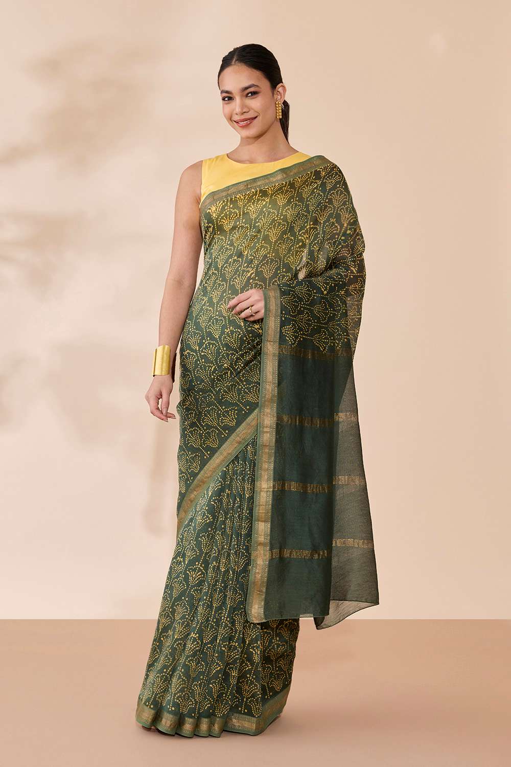 Dark Green Batik Pure Silk Cotton Ujjain Saree image number null