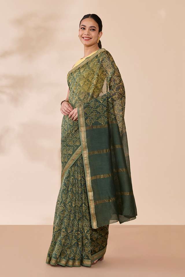 Dark Green Batik Pure Silk Cotton Ujjain Saree thumbnail image number null
