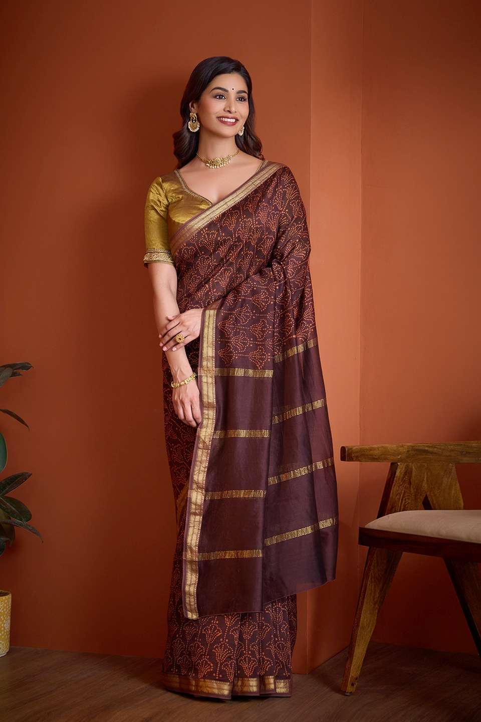 Brown Pure Silk Cotton Ujjain Batik Saree