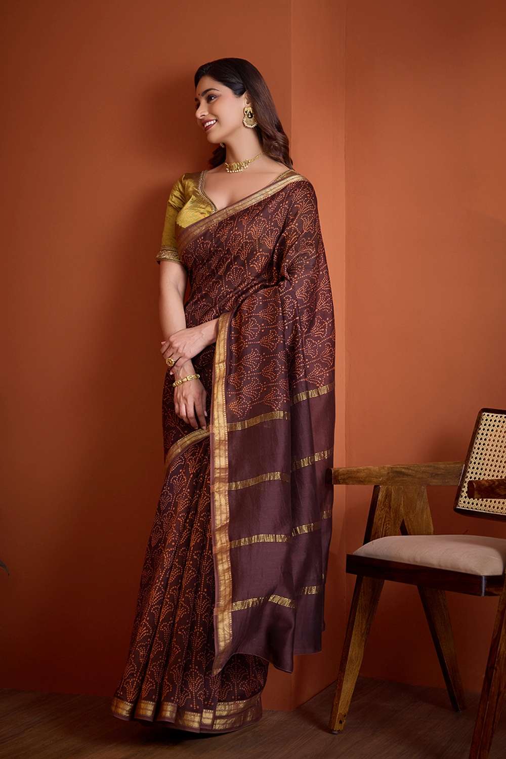 Brown Pure Silk Cotton Ujjain Batik Saree image number null