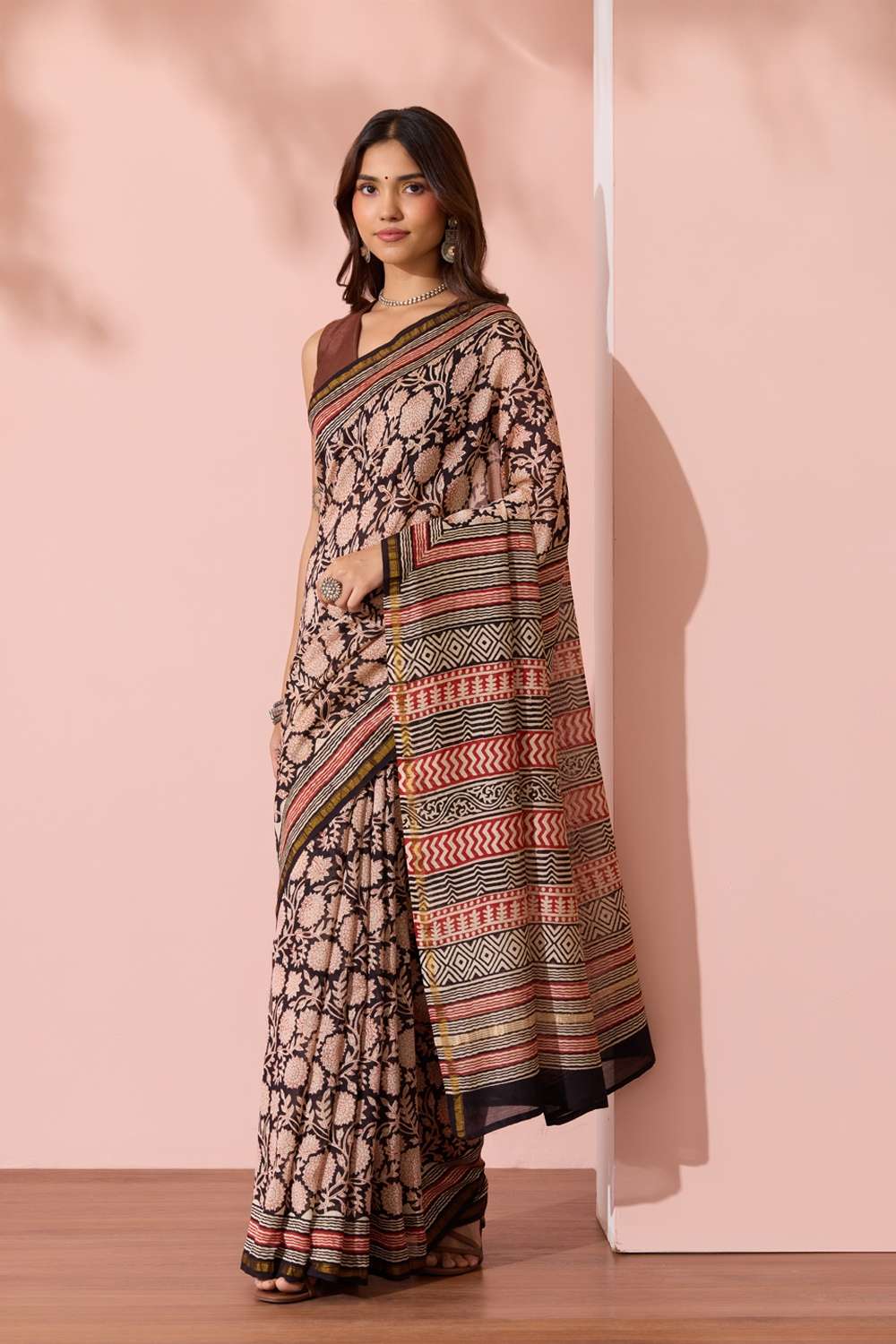 Black Bagru Bagru Block Printed Pure Silk Cotton Saree image number null