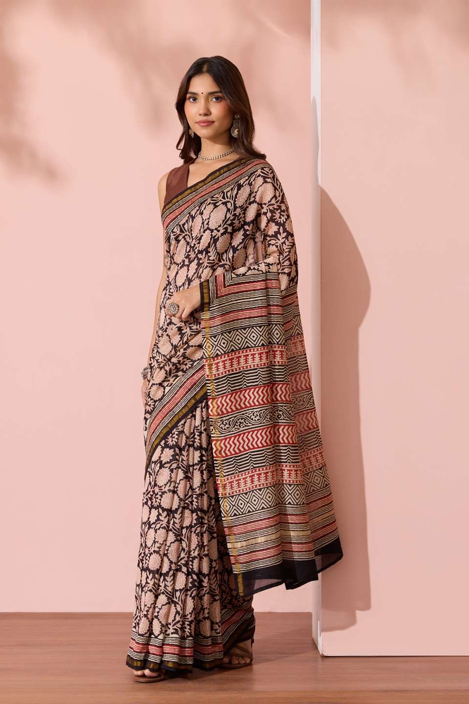 Black Bagru Bagru Block Printed Pure Silk Cotton Saree