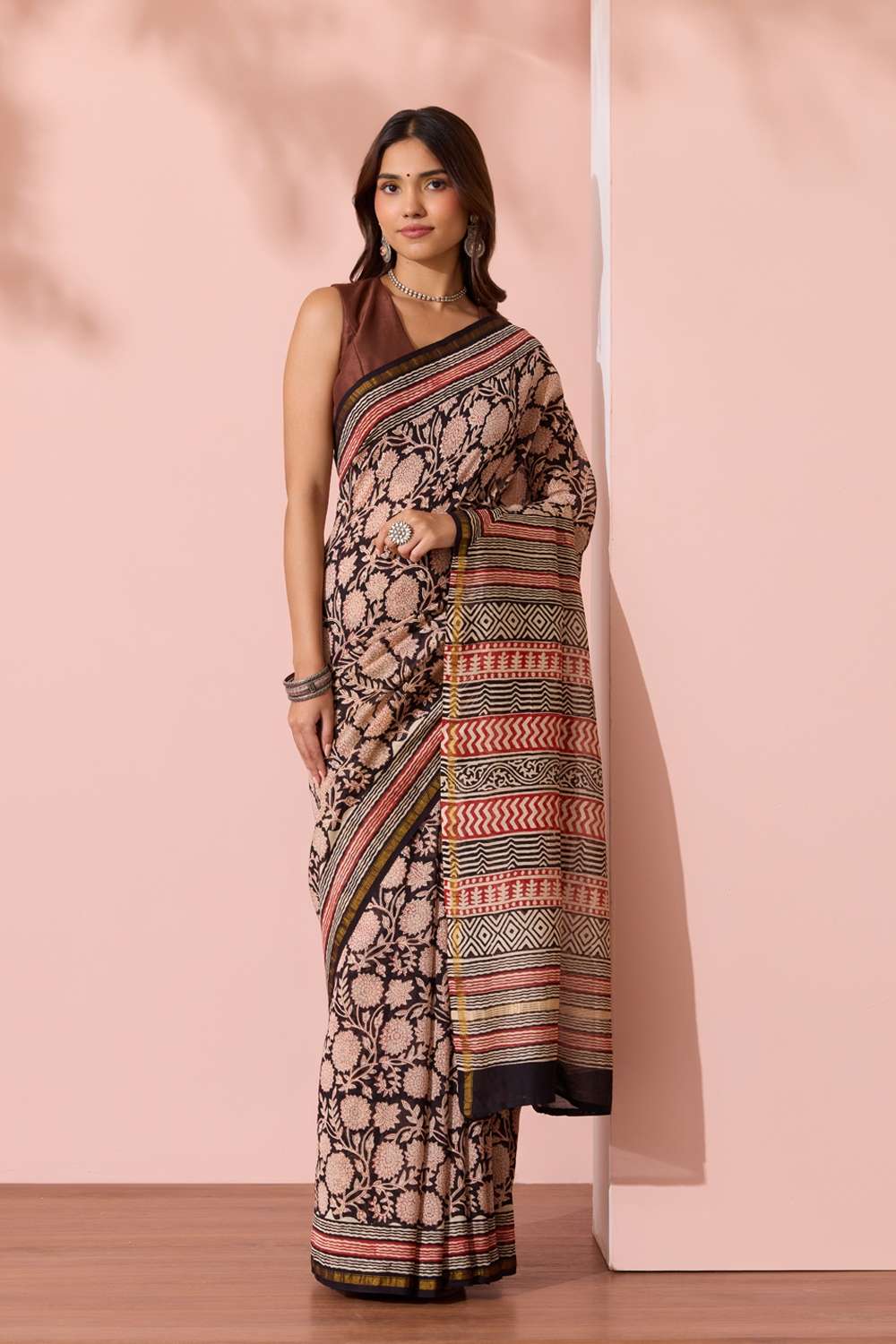 Black Bagru Bagru Block Printed Pure Silk Cotton Saree image number null