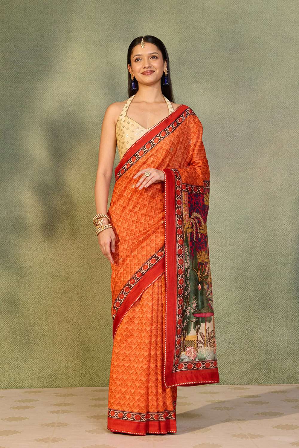 Orange Printed Pure Silk Cotton Saree image number null