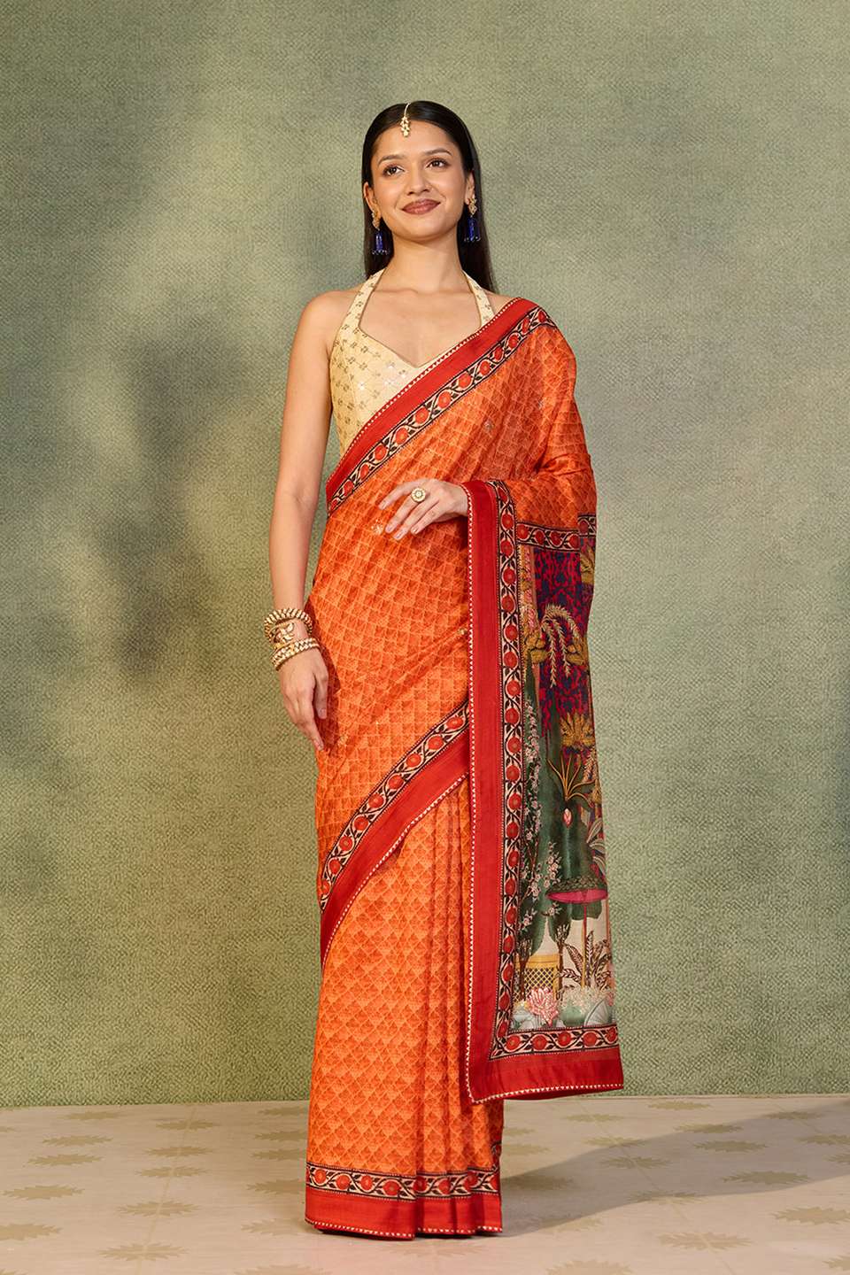 Orange Printed Pure Silk Cotton Saree