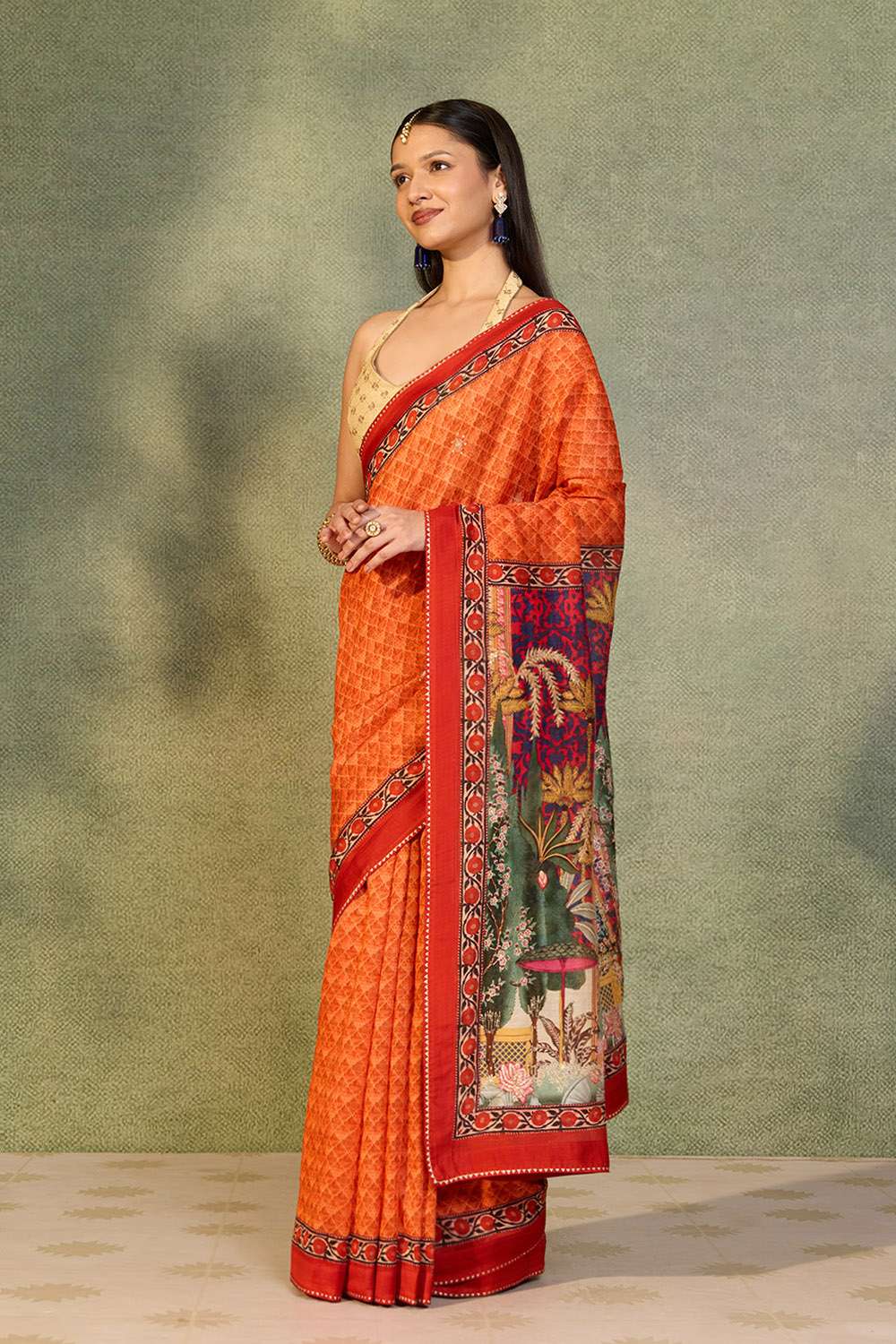 Orange Printed Pure Silk Cotton Saree image number null