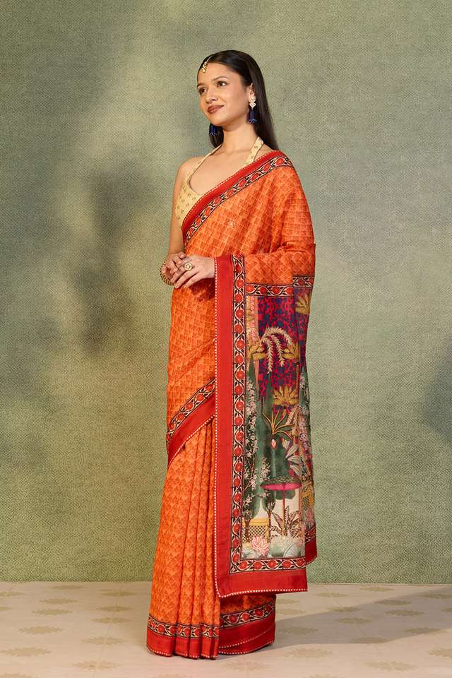 Orange Printed Pure Silk Cotton Saree thumbnail image number null