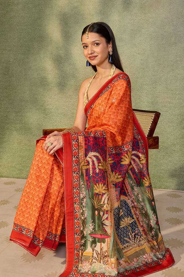 Orange Printed Pure Silk Cotton Saree thumbnail image number null