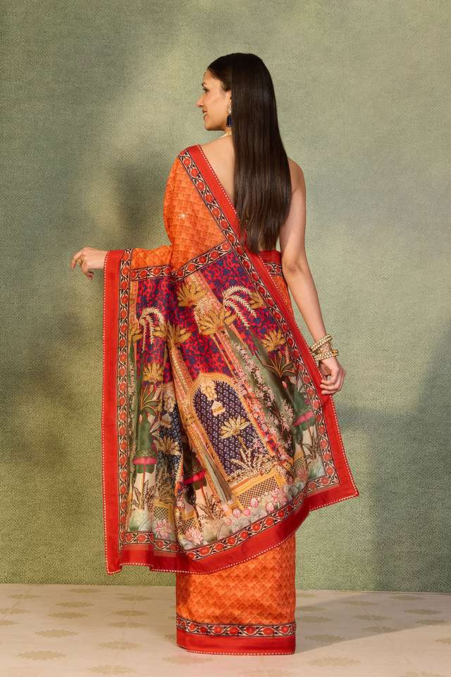 Orange Printed Pure Silk Cotton Saree thumbnail image number null