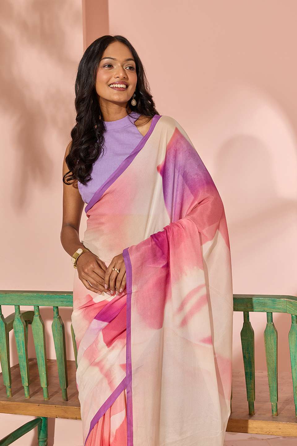 Pink Printed Viscose Crepe Saree