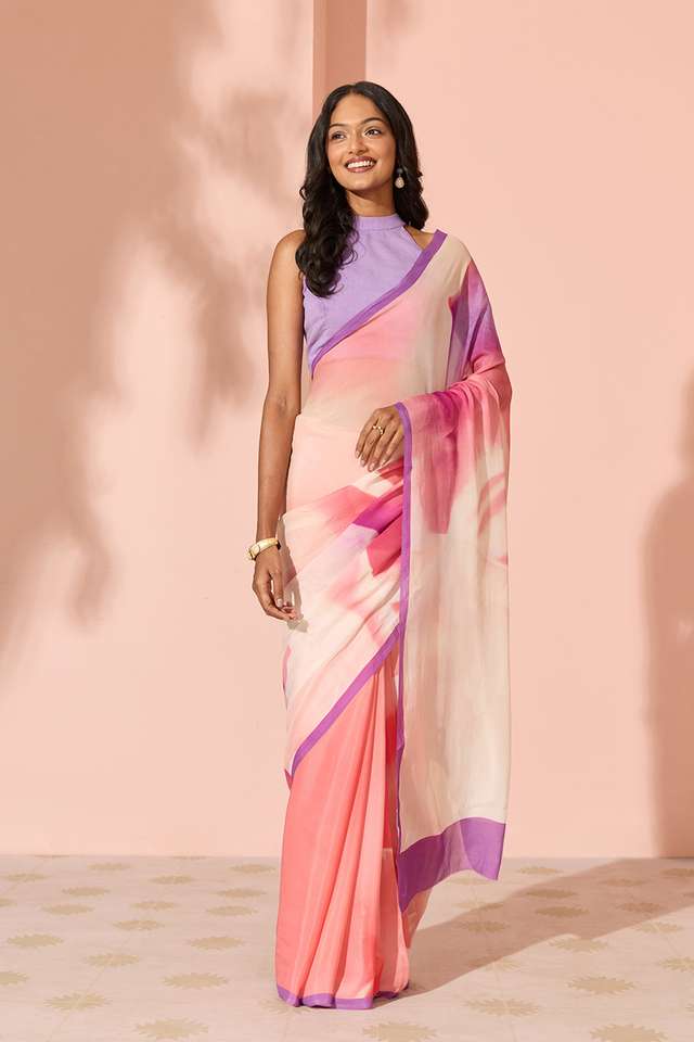 Pink Printed Viscose Crepe Saree thumbnail image number null
