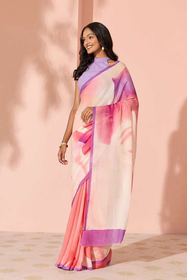 Pink Printed Viscose Crepe Saree thumbnail image number null
