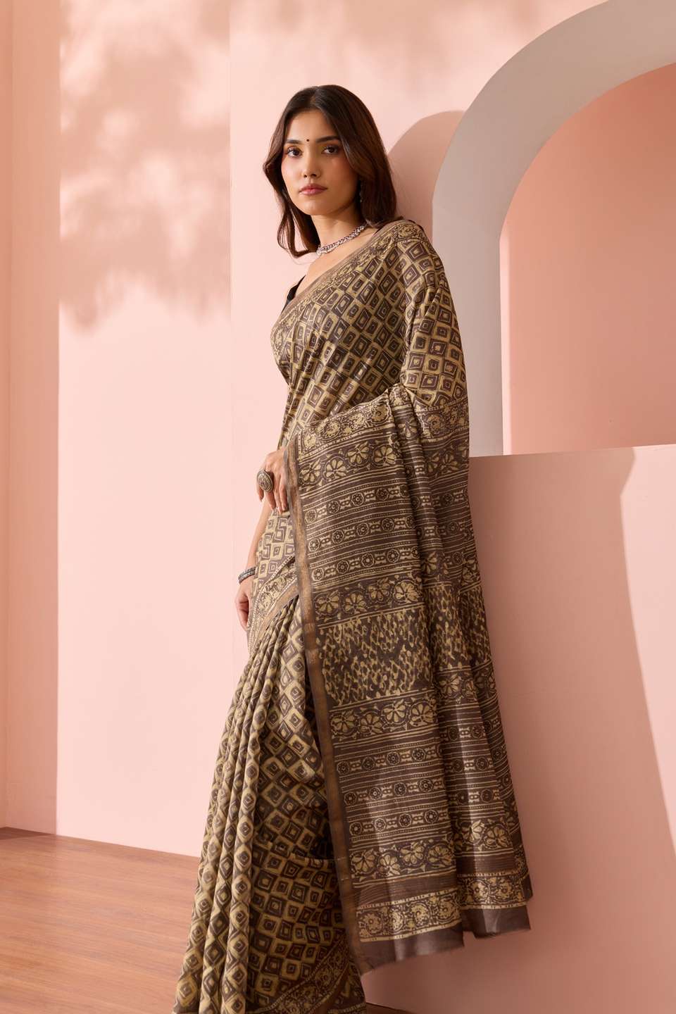 Beige Block Printed Pure Silk Cotton Chanderi Saree